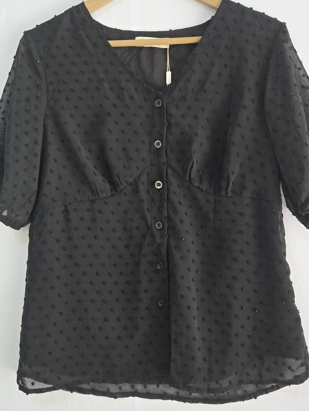Women’s Size M Black Swiss Dot Button-Front Fitted Blouse NWT By Belle Pogue